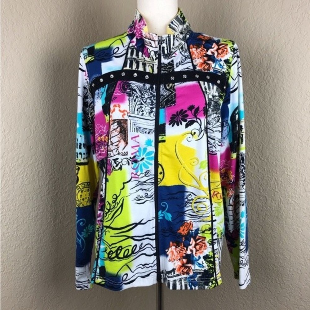 Onque Petite Wearable Art Colorful Zip Up Jacket Art to Wear Abstract Patchwork